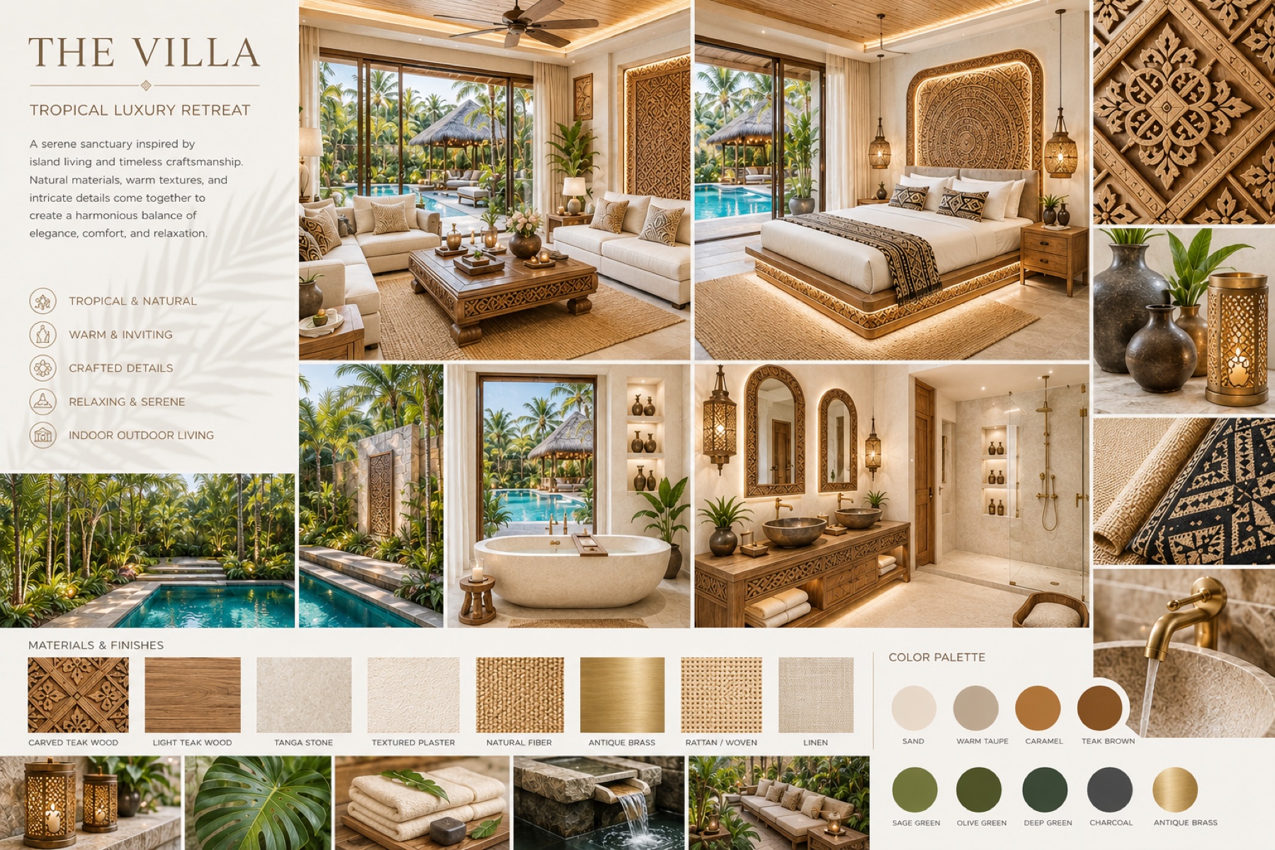 Palm View visual direction board — interior photographs of living room, master bedroom, garden pool, outdoor bath and bathroom; materials swatches for carved teak, light teak, Tanga stone, textured plaster, natural fibre, antique brass, rattan and linen; palette of sand, warm taupe, caramel, teak brown, sage green, olive green, deep green, charcoal and antique brass.